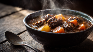 A rustic bowl of authentic possum stew recipe, thick with tender meat, potatoes, and carrots in a dark, rich gravy.