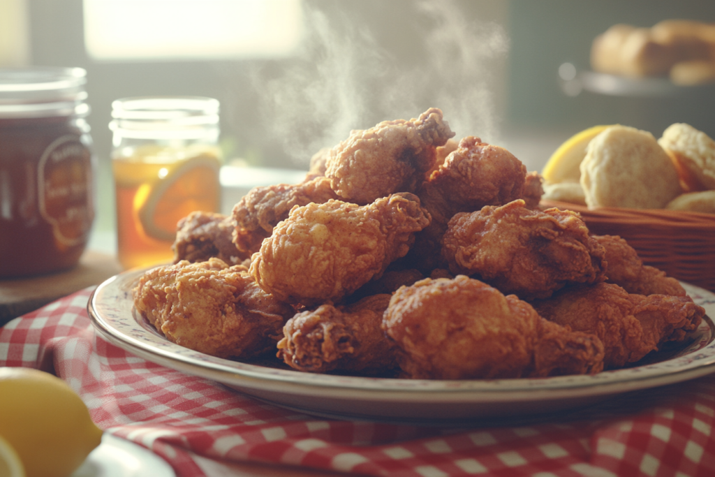 A crispy, golden Southern fried chicken platter surrounded by traditional Southern sides in a cozy farmhouse kitchen.
