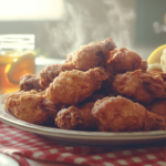 A crispy, golden Southern fried chicken platter surrounded by traditional Southern sides in a cozy farmhouse kitchen.