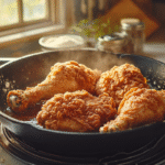 “Brightly lit close-up of crispy golden Southern fried chicken legs sizzling in a cast iron skillet, surrounded by buttermilk, flour, and spices on a rustic kitchen counter—no people, just poultry perfection.”