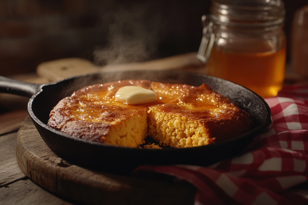 Golden slices of Southern cornbread in a cast iron skillet with melting butter and crispy edges.