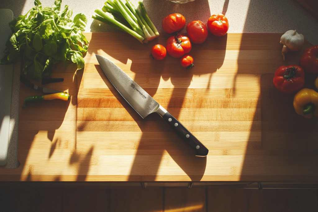 Top-down view of a kitchen countertop with a chef’s knife laid flat on a whetstone, surrounded by sharpening tools and fresh vegetables, brightly lit by natural window light in a modern rustic kitchen.