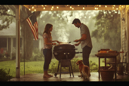 A couple grilling outdoors on a covered porch during light rain with smoke rising from a charcoal grill and string lights glowing above.