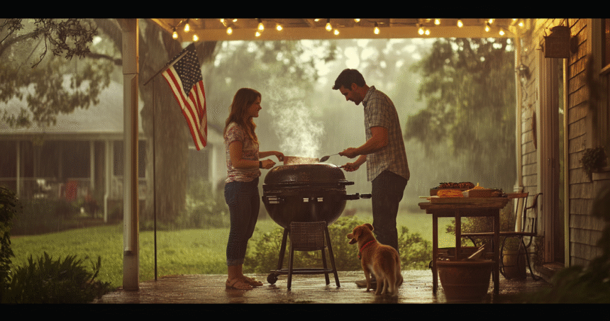 A couple grilling outdoors on a covered porch during light rain with smoke rising from a charcoal grill and string lights glowing above.