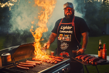 A proud grill master stands beside a fiery BBQ grill, showcasing various BBQ lighters on a table, flames blazing, food sizzling, and eyebrows fully intact.