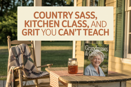 A rustic Southern front porch with a rocking chair, gingham-covered table, and a jar of sweet tea beside a vintage-style magazine titled “Grandmaws and Grits,” evoking down-home charm and country wisdom.