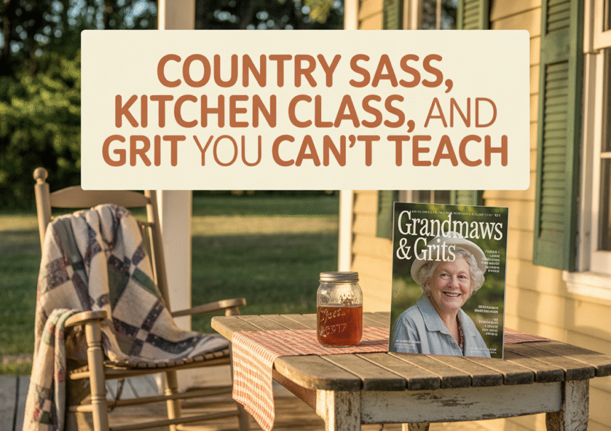 A rustic Southern front porch with a rocking chair, gingham-covered table, and a jar of sweet tea beside a vintage-style magazine titled “Grandmaws and Grits,” evoking down-home charm and country wisdom.
