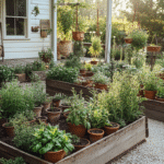 A rustic Southern herb garden with raised beds, vintage clay pots, and herbs drying on a farmhouse porch.