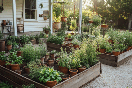 A rustic Southern herb garden with raised beds, vintage clay pots, and herbs drying on a farmhouse porch.