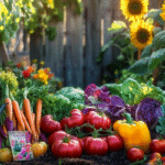 A vibrant heirloom vegetable garden with tomatoes, carrots, sunflowers, and trellises under warm sunlight.
