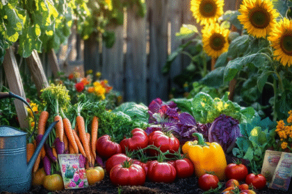 A vibrant heirloom vegetable garden with tomatoes, carrots, sunflowers, and trellises under warm sunlight.