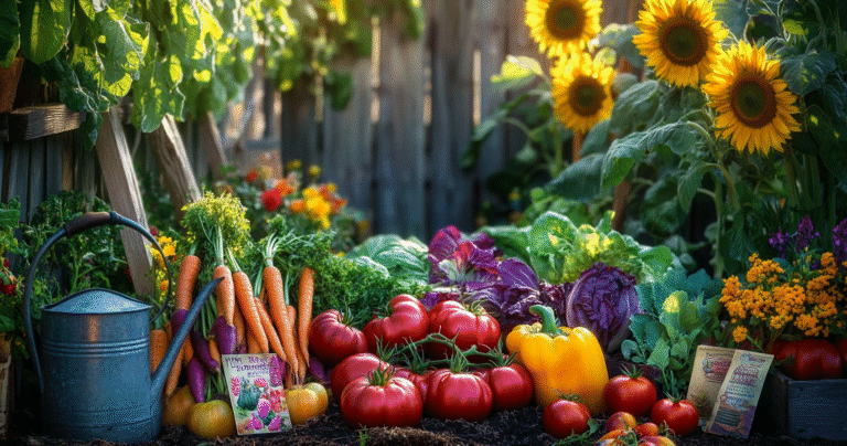 A vibrant heirloom vegetable garden with tomatoes, carrots, sunflowers, and trellises under warm sunlight.