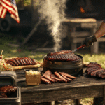 Authentic backyard BBQ with a pitmaster grilling meat beside a smoking barrel smoker, rustic table of brisket and ribs, no decorative lights.