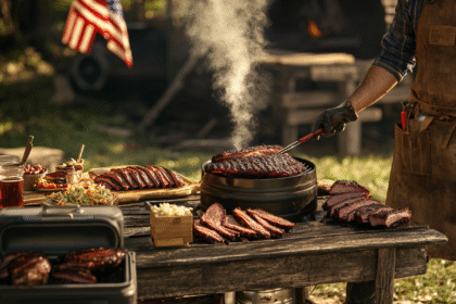 Authentic backyard BBQ with a pitmaster grilling meat beside a smoking barrel smoker, rustic table of brisket and ribs, no decorative lights.