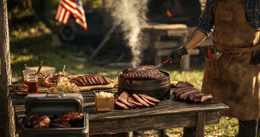 Authentic backyard BBQ with a pitmaster grilling meat beside a smoking barrel smoker, rustic table of brisket and ribs, no decorative lights.
