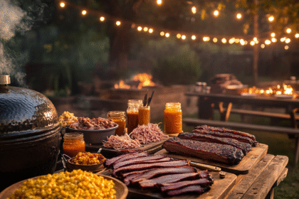 Hickory smoked BBQ feast in a southern backyard with a rustic smoker, brisket, ribs, pulled pork, and traditional sides on a wooden table at golden hour.