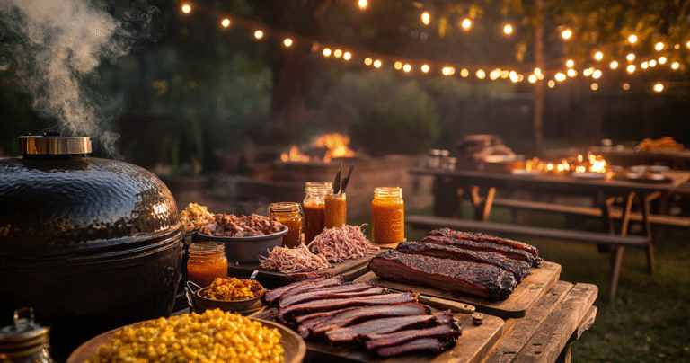 Hickory smoked BBQ feast in a southern backyard with a rustic smoker, brisket, ribs, pulled pork, and traditional sides on a wooden table at golden hour.