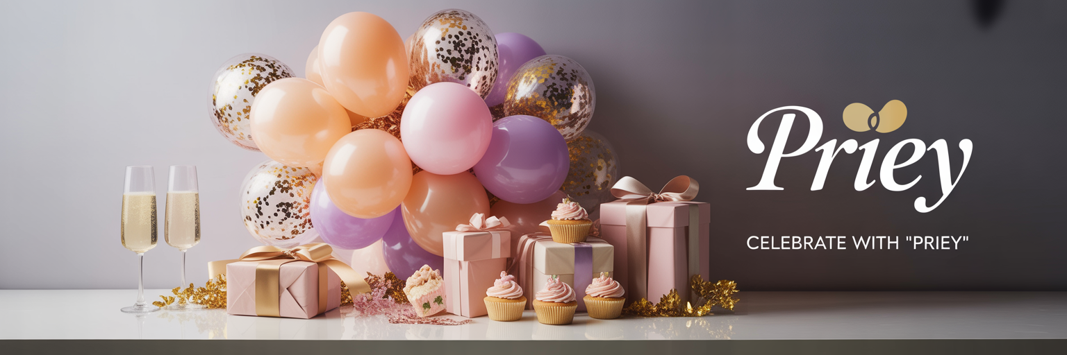 Elegant banner ad with pastel party elements like balloons, cupcakes, and wrapped gifts, featuring the word 'Priey' in graceful script on a white background.