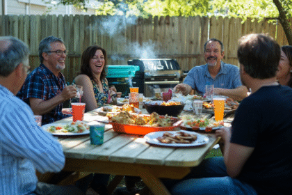 Realistic backyard BBQ with people eating at a picnic table, grillmaster cooking in the background