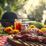 Rustic summer BBQ setup featuring grilled meats and veggies, with a bottle of low sodium BBQ sauce on the left side of a checkered picnic table.