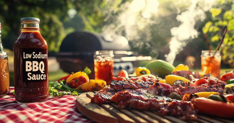 Rustic summer BBQ setup featuring grilled meats and veggies, with a bottle of low sodium BBQ sauce on the left side of a checkered picnic table.
