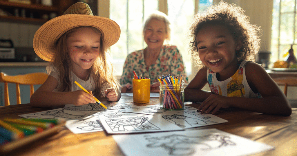 Two giggling children coloring at a rustic Southern farmhouse table with Grandmaw smiling in the background, surrounded by crayons, coloring pages, and sweet tea.