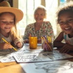 Two giggling children coloring at a rustic Southern farmhouse table with Grandmaw smiling in the background, surrounded by crayons, coloring pages, and sweet tea.