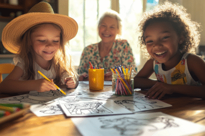 Two giggling children coloring at a rustic Southern farmhouse table with Grandmaw smiling in the background, surrounded by crayons, coloring pages, and sweet tea.