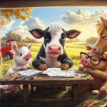 Whimsical farm animals coloring at a rustic table, each with correct animal features, set in a cheerful barnyard scene.