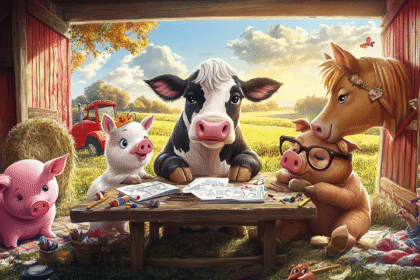 Whimsical farm animals coloring at a rustic table, each with correct animal features, set in a cheerful barnyard scene.