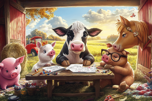 Whimsical farm animals coloring at a rustic table, each with correct animal features, set in a cheerful barnyard scene.
