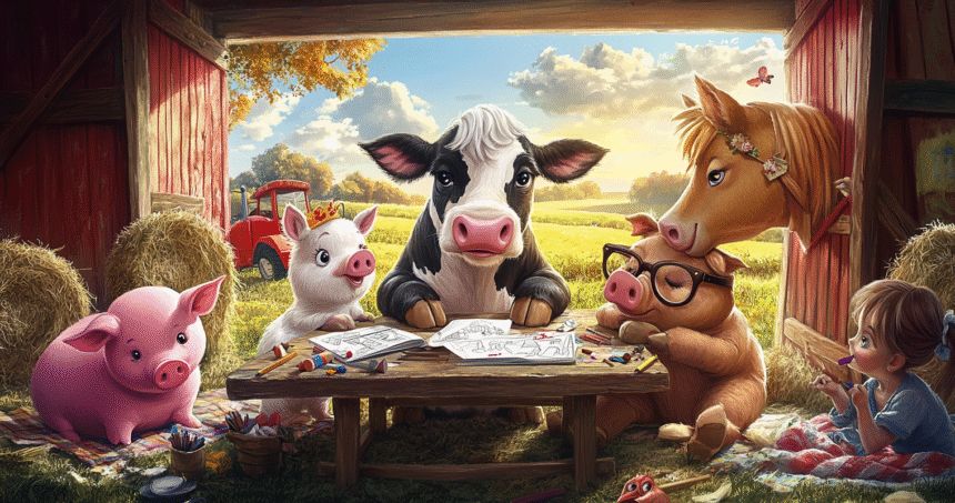 Whimsical farm animals coloring at a rustic table, each with correct animal features, set in a cheerful barnyard scene.