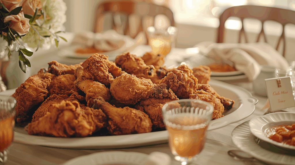 A beautifully set Southern dinner table with a platter of golden-fried chicken, ready for a family gathering. An elegant place card sits at one of the settings, evoking a sense of warm hospitality.