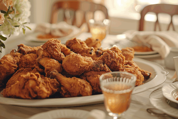 A beautifully set Southern dinner table with a platter of golden-fried chicken, ready for a family gathering. An elegant place card sits at one of the settings, evoking a sense of warm hospitality.
