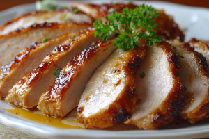 Perfectly carved slices from our oven roasted turkey recipe, showcasing the juicy meat and crispy skin.