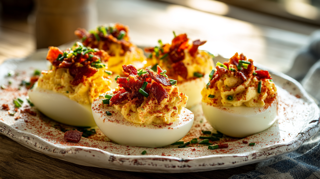 The perfect deviled eggs recipe with relish, beautifully arranged on a vintage platter and ready to be served at a family gathering.