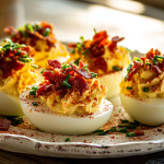 The perfect deviled eggs recipe with relish, beautifully arranged on a vintage platter and ready to be served at a family gathering.