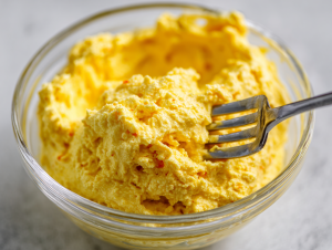 A close-up shot of the creamy yellow egg yolk filling being prepared for the classic deviled eggs recipe with relish.