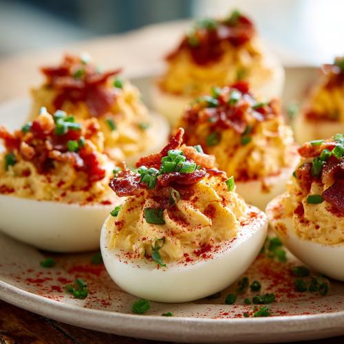 A close-up of a rustic white platter holding The Ultimate Deviled Eggs Recipe with Relish, garnished with bacon and chives.