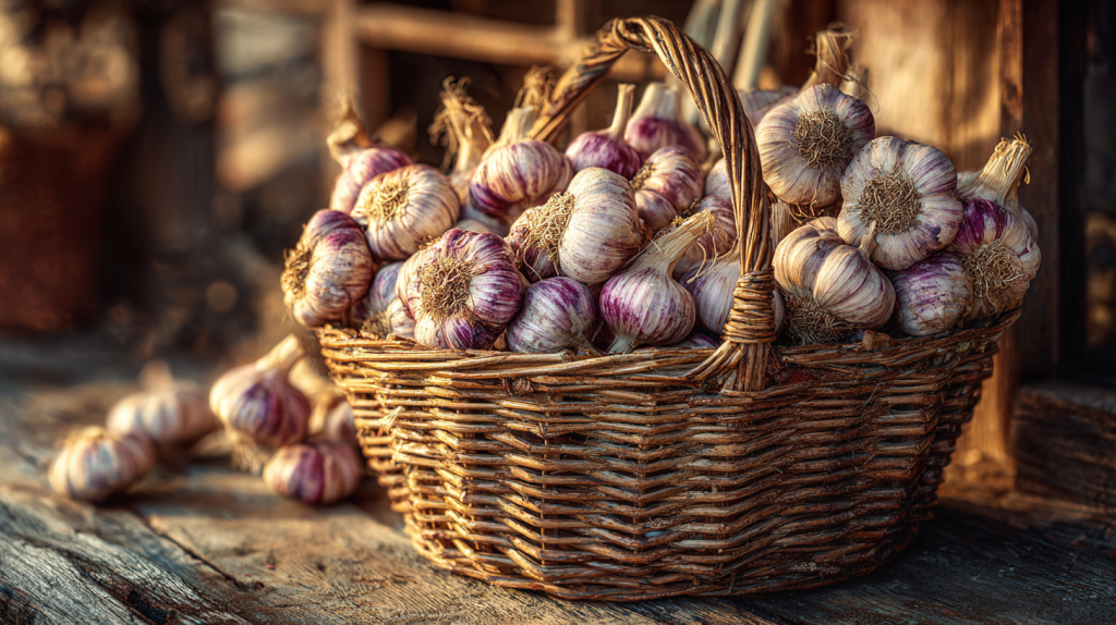 A beautiful rustic woven basket brimming with freshly harvested, cured garlic bulbs, sitting on a weathered wooden table in warm, soft light.