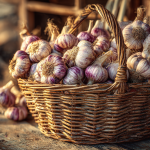 A beautiful rustic woven basket brimming with freshly harvested, cured garlic bulbs, sitting on a weathered wooden table in warm, soft light.