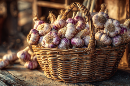 A beautiful rustic woven basket brimming with freshly harvested, cured garlic bulbs, sitting on a weathered wooden table in warm, soft light.