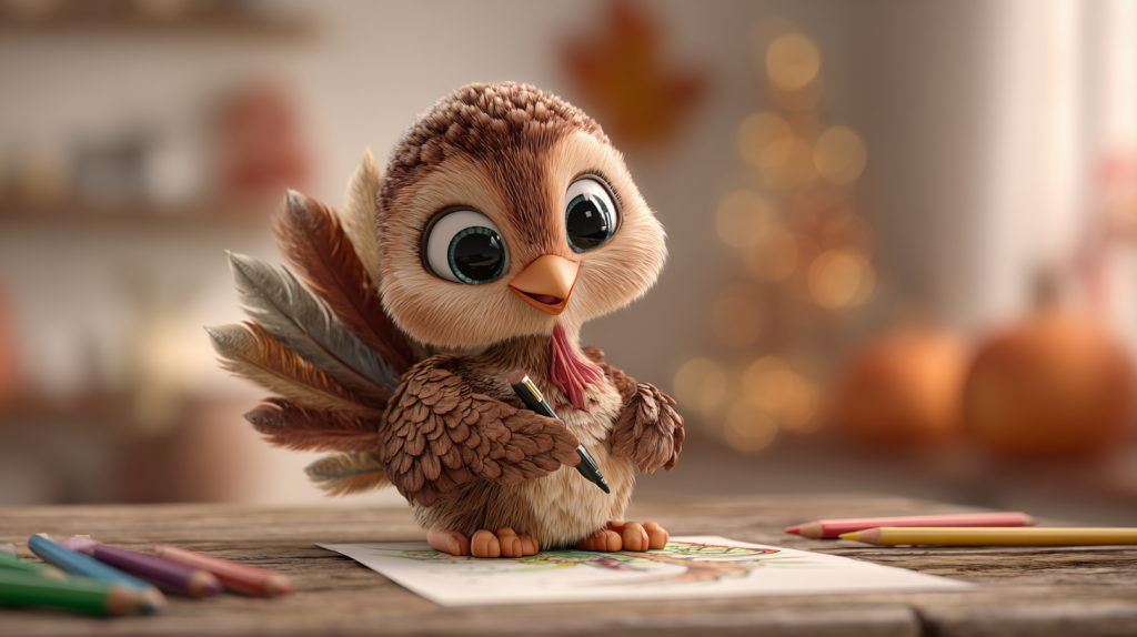 A friendly 3D cartoon turkey character happily coloring with crayons, ready for Thanksgiving.