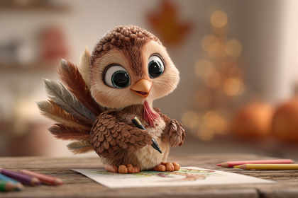 A friendly 3D cartoon turkey character happily coloring with crayons, ready for Thanksgiving.