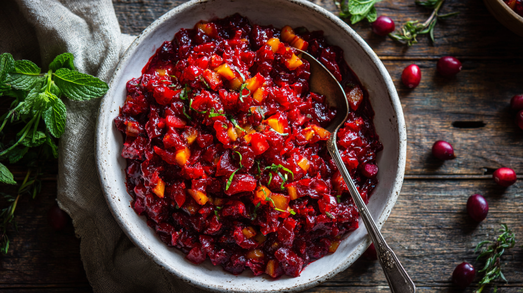 The best fresh cranberry relish recipe in a white ceramic bowl, showing its chunky texture and vibrant red color.
