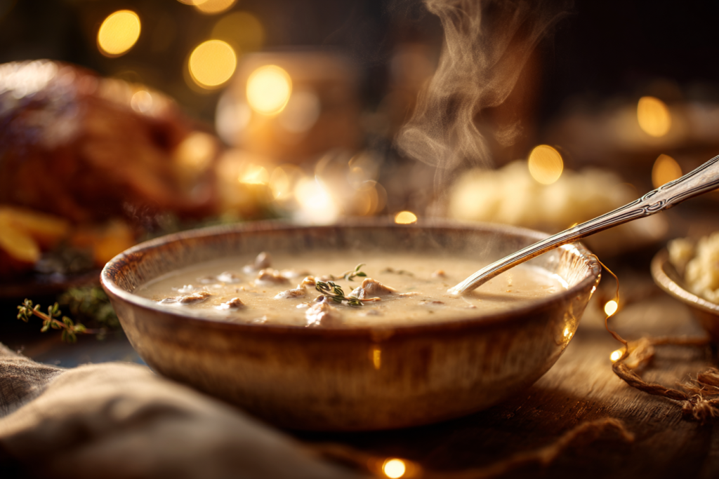 A close-up shot of a full gravy boat of rich, brown homemade giblet gravy sitting on a festive holiday table, ready to be served over turkey.