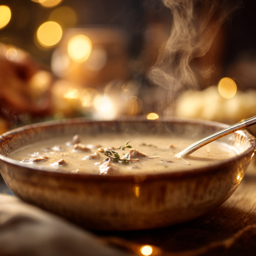 A close-up shot of a full gravy boat of rich, brown homemade giblet gravy sitting on a festive holiday table, ready to be served over turkey.