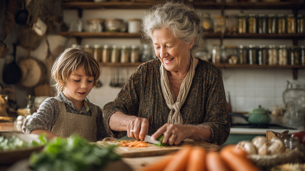 A grandmother teaching her grandchild timeless kitchen wisdom, demonstrating how to reduce food waste by using every part of the vegetable.