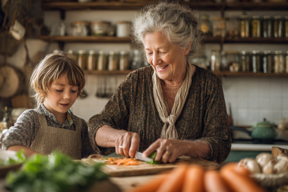 A grandmother teaching her grandchild timeless kitchen wisdom, demonstrating how to reduce food waste by using every part of the vegetable.