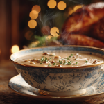 A beautiful antique serving bowl filled with rich, creamy homemade giblet gravy, featuring visible chunks of giblets and egg, on a holiday table.